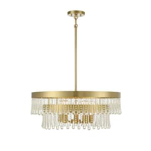 26 in. W x 10 in. H 6-Light Natural Brass Statement Pendant Light with Clear Crystal Teardrops and Beads