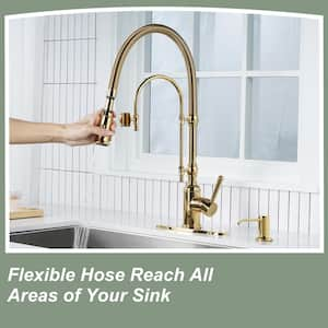 Single Handle Pull Down Sprayer Kitchen Faucet Solid Brass with Soap Dispenser in Brushed Gold