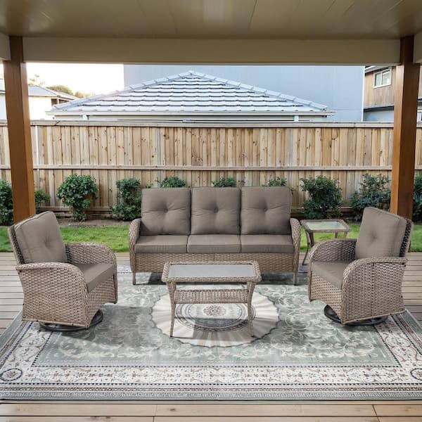 PlainCurve 5-Piece Gray Wicker Patio Conversation Set with Swivel Glider Chairs and  Olefin Gray Cushions