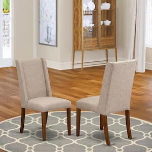 Walnut, Parson Dining Room Chairs - Nailhead Trim Light Tan Linen Fabric Upholstered Chairs, Set Of 2