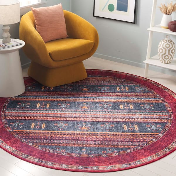 Orlando 7 ft. x 7 ft. Round Rust/Blue Bohemian Horizontal Stripe Washable Area Rug