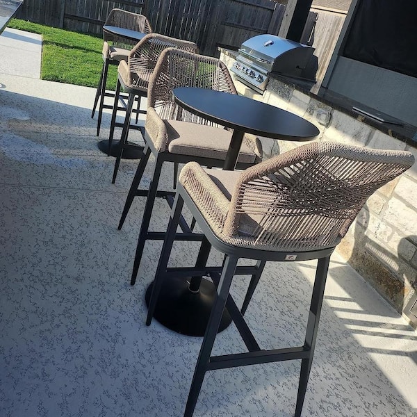 Modern Aluminum Twill Wicker Woven Bar Height Outdoor Bar Stool with Back and Beige Cushion (4-Pack)