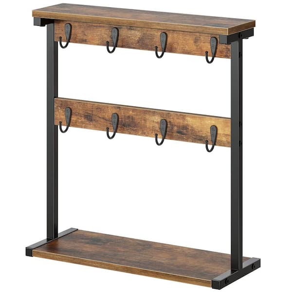 2-Tier Coffee Mug Holder Rack for Counter with 8 Hooks and 2 Open Shelves, Vintage Mug Tree Stand, Rustic Brown