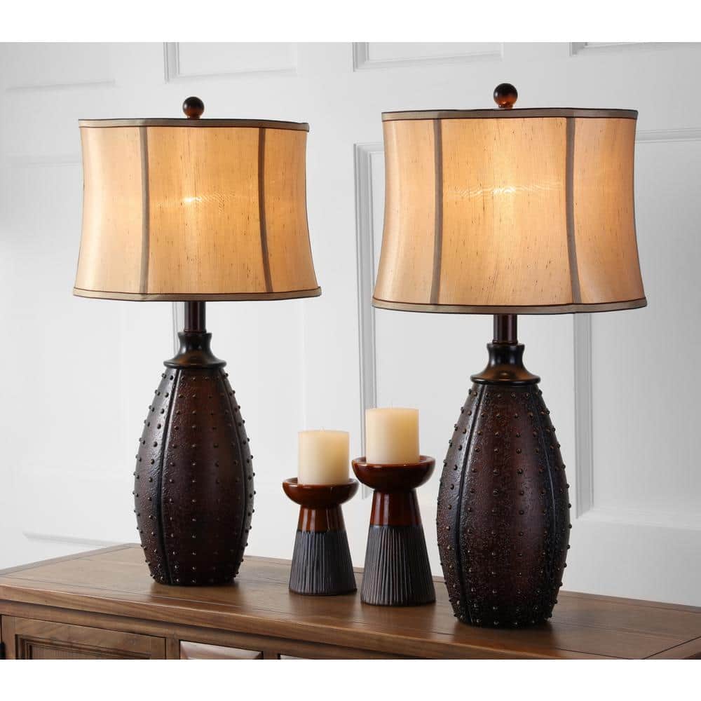 Santa Fe Rustic Brown Studded Faux Leather Table Lamp Set with Beige Shades