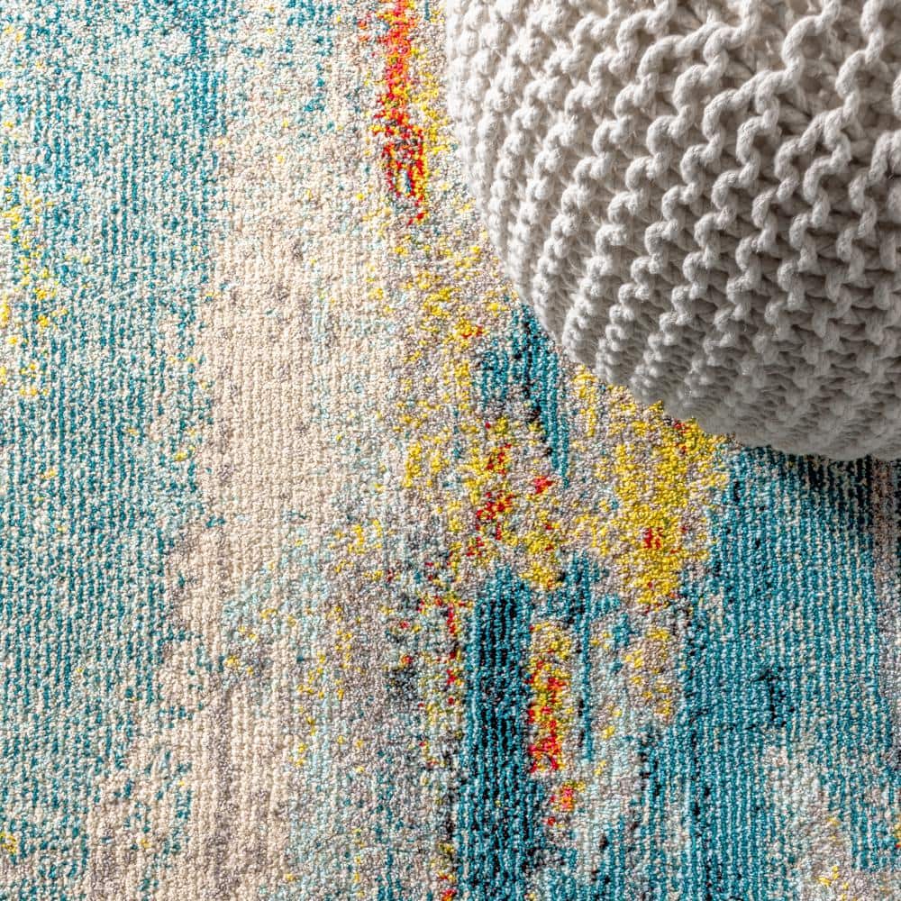 Blue Cream Yellow Abstract Rectangular Synthetic Area Rug