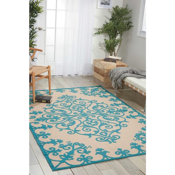 Aloha Aqua 10 ft. x 13 ft. Medallion Modern Indoor/Outdoor Patio Area Rug