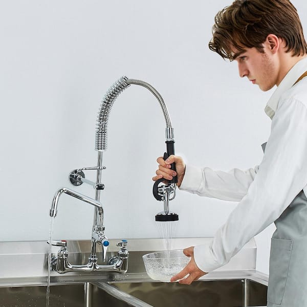 Commercial Faucet 25 in. H, 8 in. Center 12 in. Double Handle Pull Down Sprayer Kitchen Faucet with in Silver