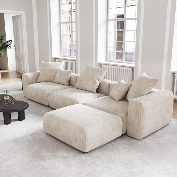 Modern 142 in. Square Arm 4-piece Modular Corduroy Sectional Sofa Oversized L-shaped Floor Couch with Ottomans in Beige