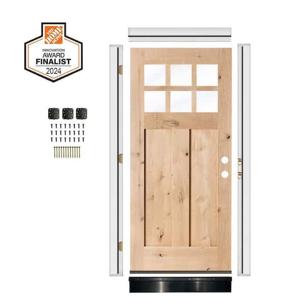 DIY 32 in. x 80 in. Knotty Alder Left-Hand 6 Lite Clear Glass Unfinished Wood Front Door Kit w/ Quick Assemble Jamb
