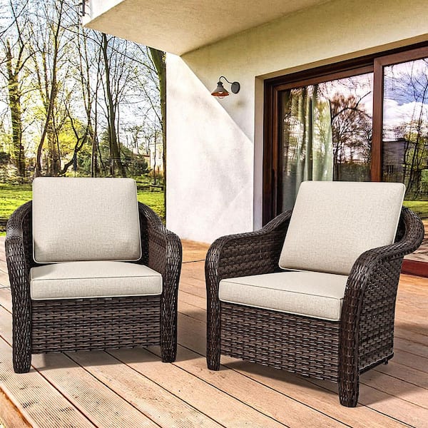 Brown Wicker Outdoor Lounge Chair Patio Conversation Chair with Beige Cushions (2-Pack)
