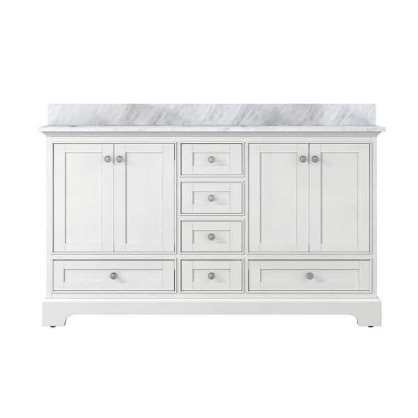 CASAINC 58.74 in. W x 20.67 in. D x 37.48 in. H Double Sink Bath Vanity in White with White Carrara Marble Top