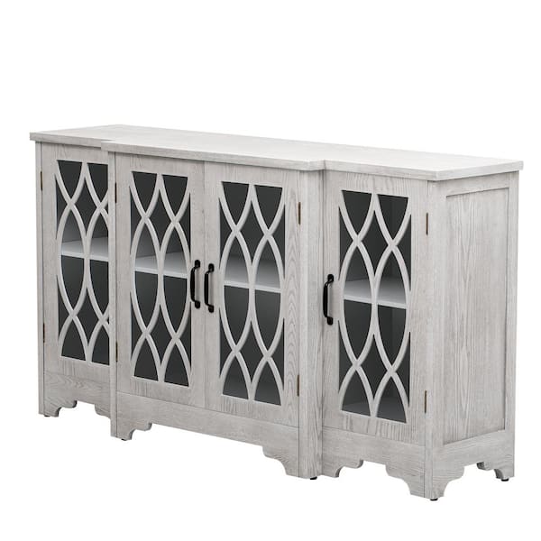 Runesay 58 in. W x 13.4 in. D x 32 in. H in Antique White Soildwood and MDF Ready to Assemble Base Kitchen Cabinet Sideboard