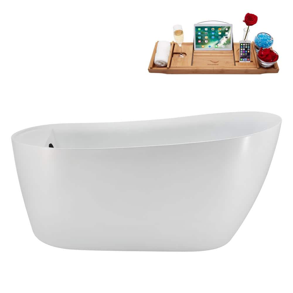 59" Glossy White Acrylic Freestanding Soaking Bathtub with Matte Black Trim
