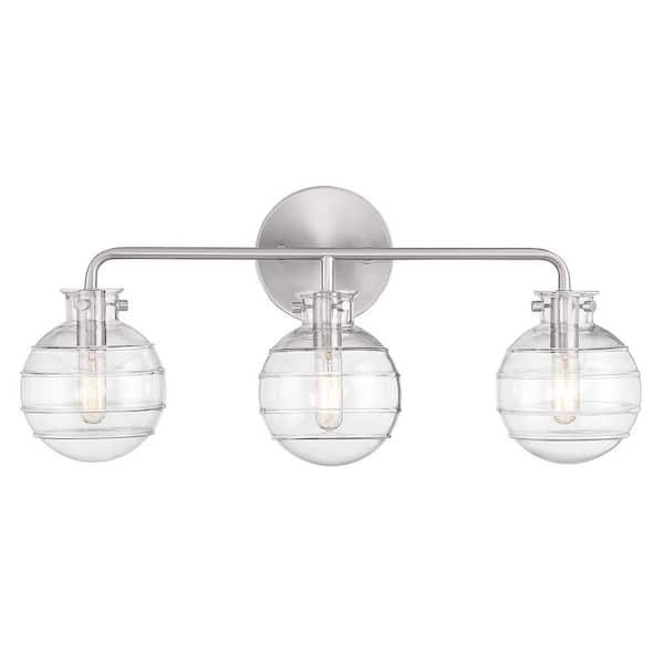 Mason 22 in. 3-Light Satin Nickel Vanity Light with Clear Ribbed Glass Shades