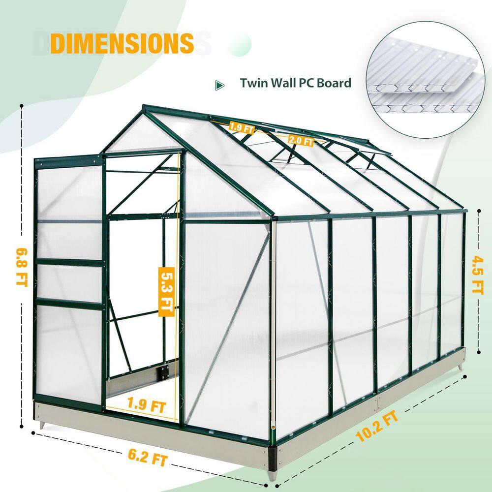Green 6' x 10' Polycarbonate and Aluminum Walk-In Greenhouse