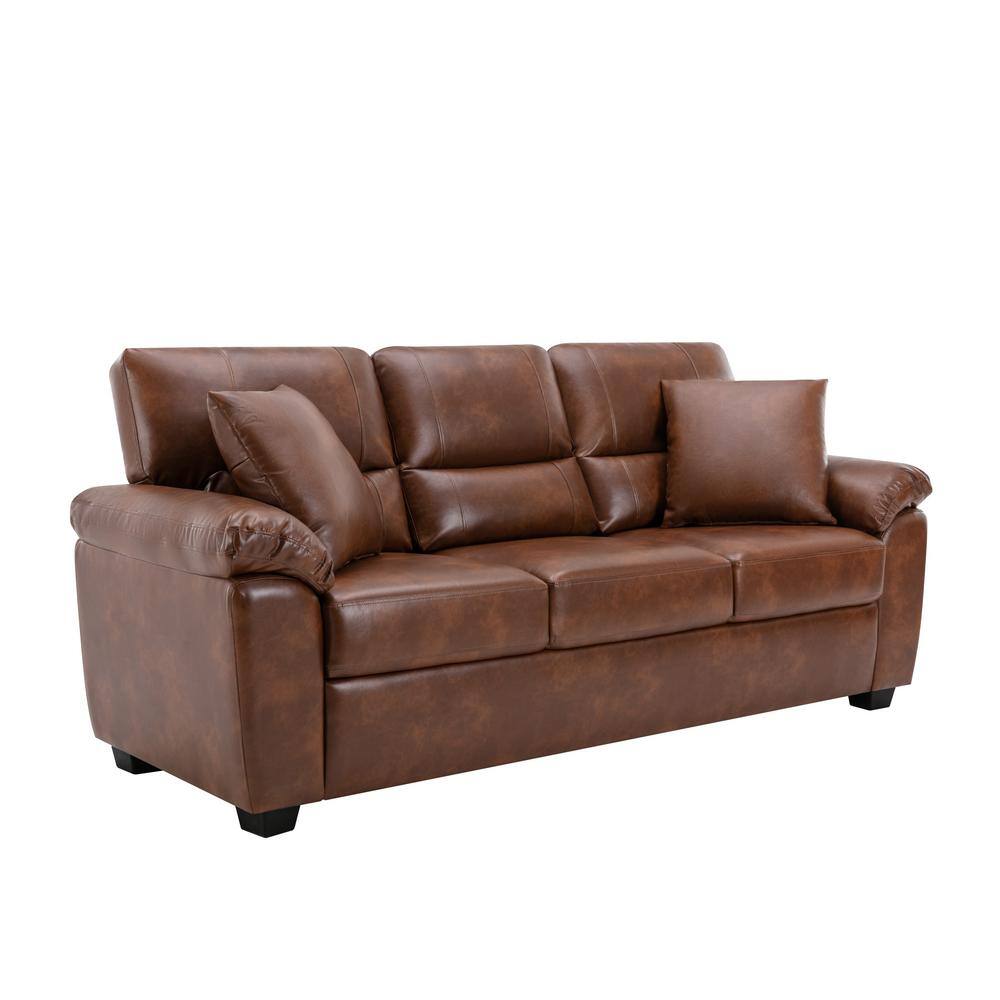 Brown Leather 3-Seat Flared Arm Sofa with Wood Frame
