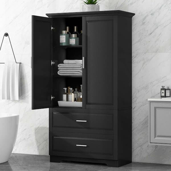 Black 63.2 in. H Accent Cabinet, Bathroom Storage Cabinet with 2-Doors and Drawers, Adjustable Shelf