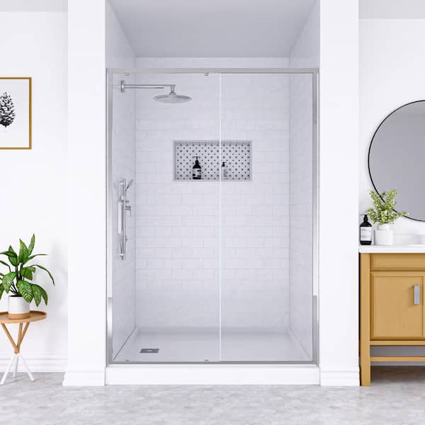 mortix 48 in. W x 74 in. H Single Sliding Framed Shower Door in Chrome with Clear Tempered Glass and Easy Roller System