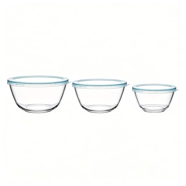 Kitchen Essential 3-Piece High Borosilicate Glass Clear Blue Mixing Bowl Set with Airtight Lids and Heat-Cold Resistance