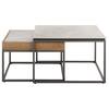 Coffee table with stone top and wood accents.