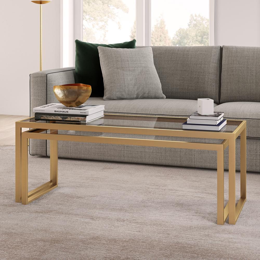 Rectangular Brass and Glass Nesting Coffee Table Set