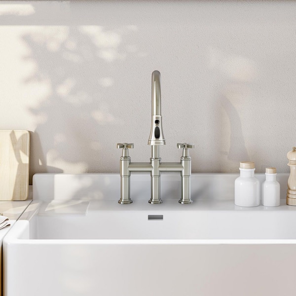 Double Handle 3 Hole Bridge Kitchen Faucet with Pull Down Sprayer 8 in. Widespread 360 Swivel Spout in Brushed Nickel