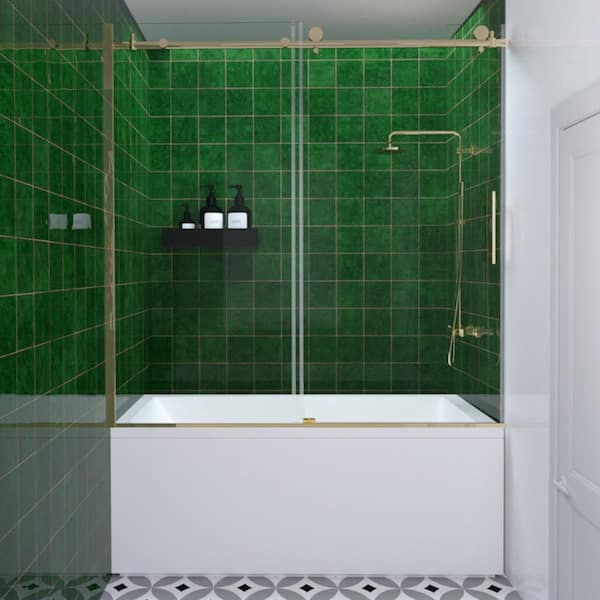 Hermitage Bath Bodum 60 in. W x 60 in. H Sliding Semi Frameless Tub Door in Gold Finish with Clear Glass