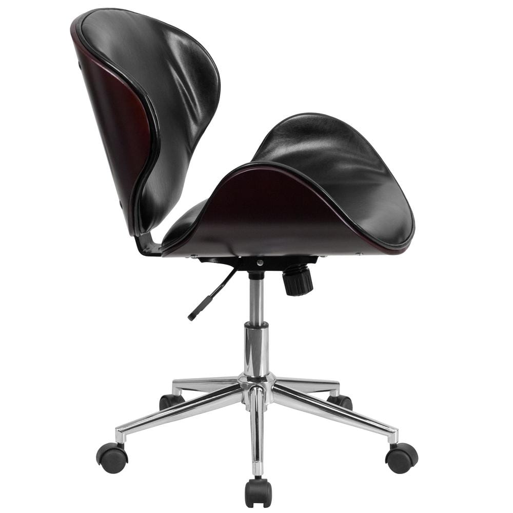 Ergonomic Mahogany Wood and Black Leather Mid-Back Swivel Office Chair
