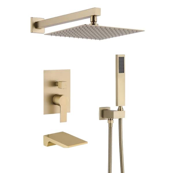 Single Handle 1-Spray Wall Mounted Tub and Shower Faucet 1.8 GPM Waterfall Shower System in Brushed Gold Valve Included