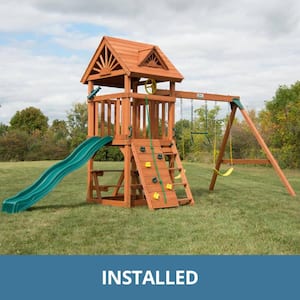 Professionally Installed Sky Tower Complete Wooden Outdoor Playset with Slide, Swings and Swing Set Accessories