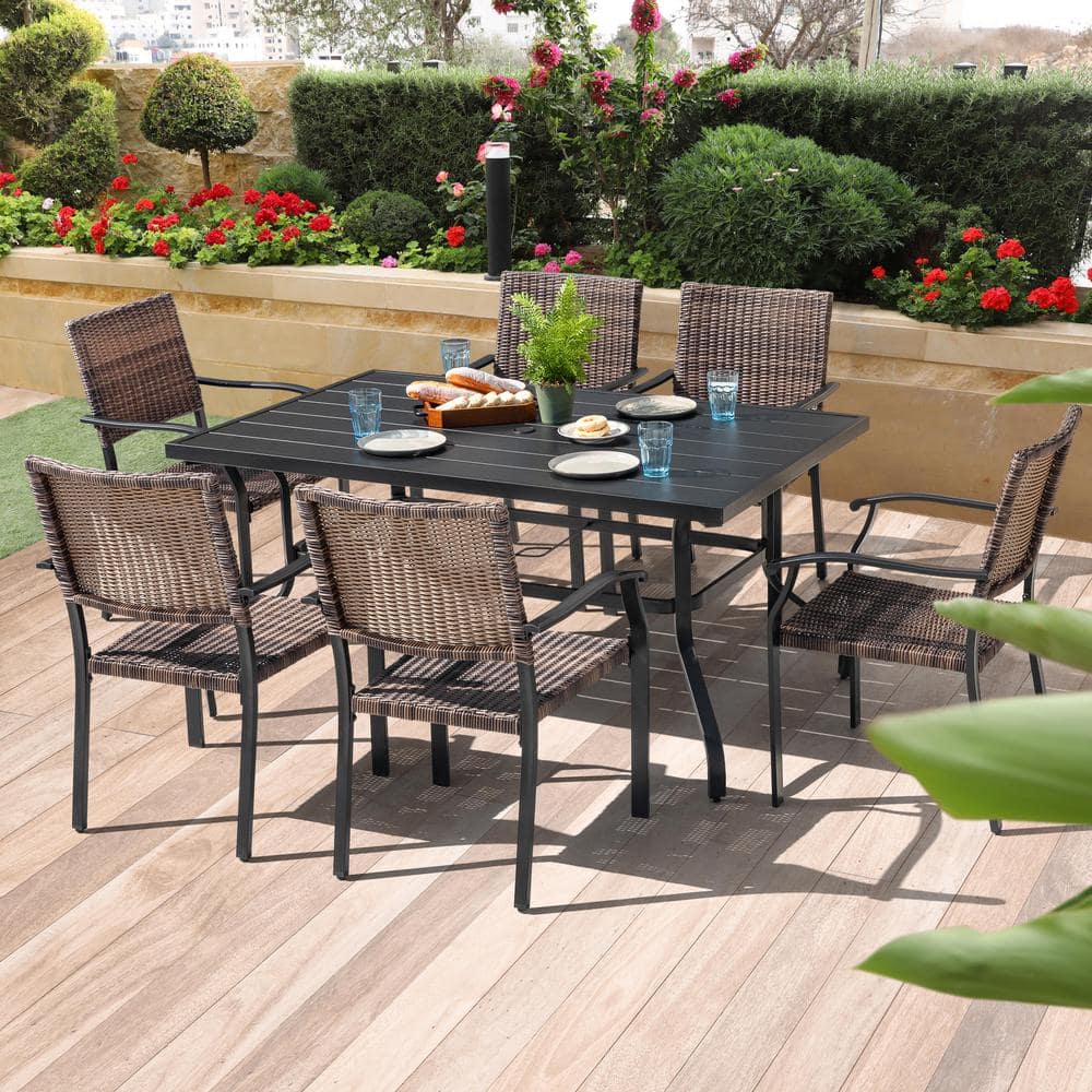 Nuu Garden Black 7-Piece Iron and Wicker Rectangle Outdoor Dining Set with 1.57 in. Umbrella Hole SD154-T3BK - The Home Depot