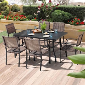 Black 7-Piece Iron and Wicker Rectangle Outdoor Dining Set with 1.57 in. Umbrella Hole