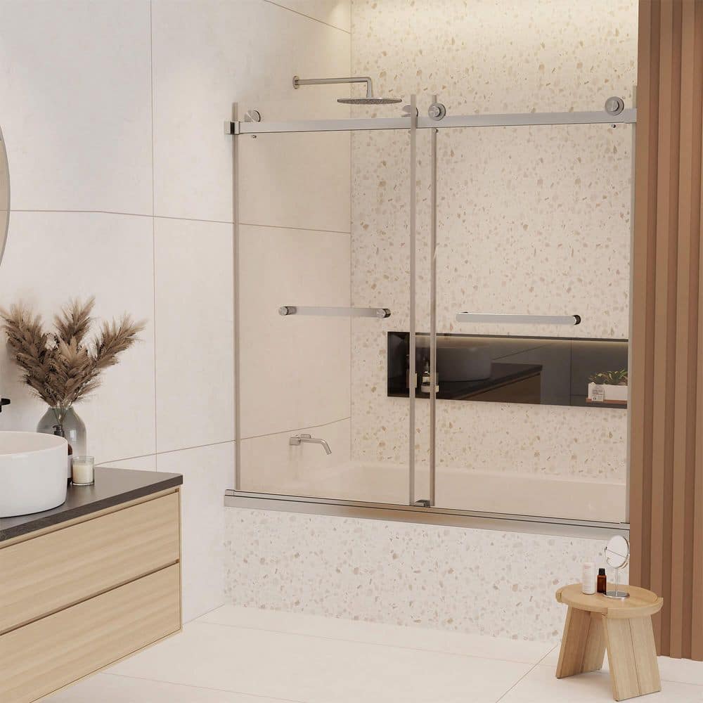 60 in. W x 66 in. H Double Sliding Door in Satin Nickel with Clear Glass price history on PriceWatchPro