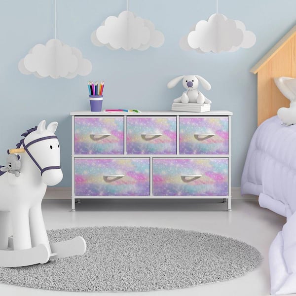 Multicolored 5 Drawer 33.5 in. Wide Dresser without Mirror TV Stand with Steel Frame Wood Top and Easy Pull Fabric Bins