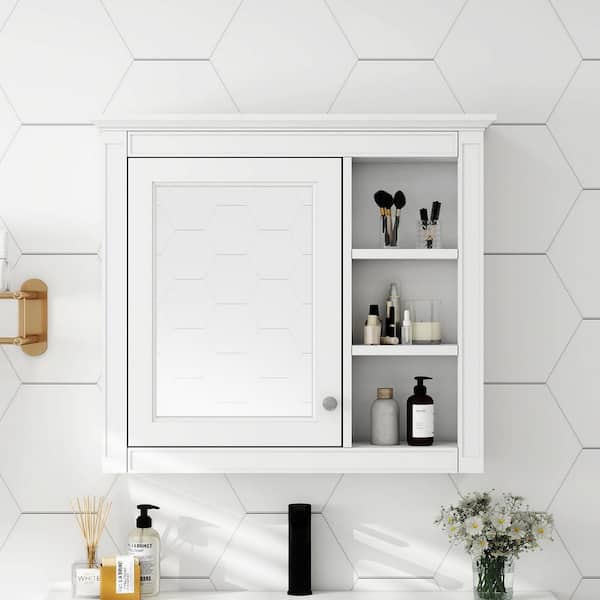 29.92 in. W x 28 in. H Rectangular MDF Medicine Cabinet in White with Mirror and 3-Open Shelves