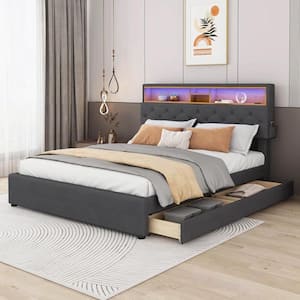 Wood Frame Dark Gray Queen Size Upholstered Platform Bed with Storage Headboard, LED, USB Charging and 2-Drawers