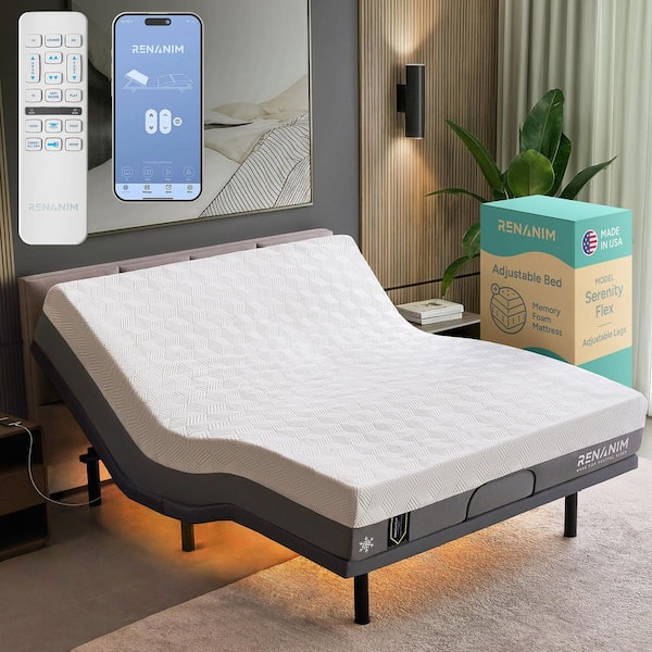 Renanim Adjustable Gray Bed Frame King USB,Under Bed Light, Gel Memory Foam,App Control, Platform Bed + 12" Mattress