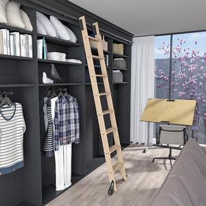 107 in. Un-Finished Maple Library Ladder (119 in. Reach) Black Sliding Hook Ladder Kit with 12 ft. Rail