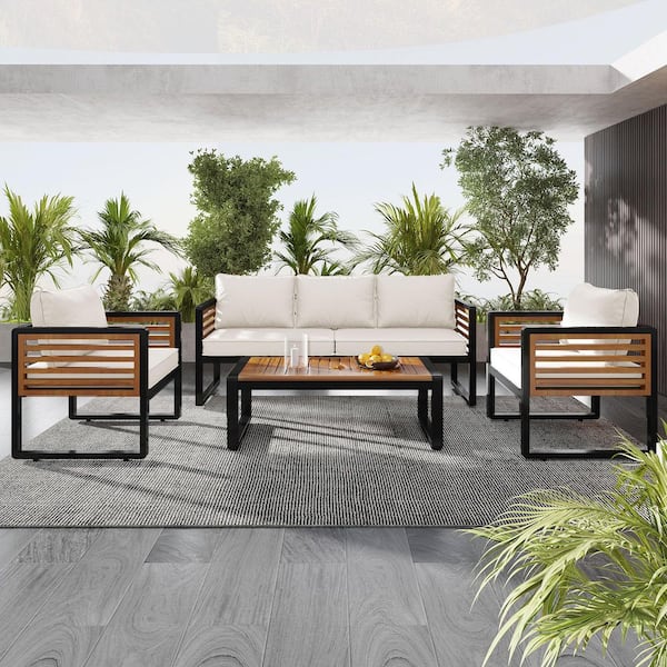 Cesicia Artsy 4-Piece Outdoor Patio Metal And Wood Frame Conversation Set Sectional Set with Removable Beige Thick Cushions