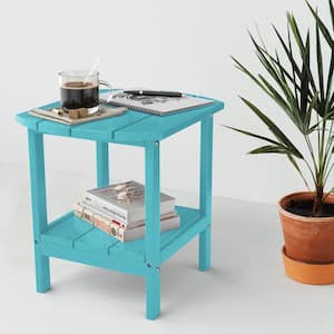 Blue Plastic Outdoor Side Table for Adirondack Chairs, All-Weather Resistant Accent Table, Patio Rocker Glider End Table