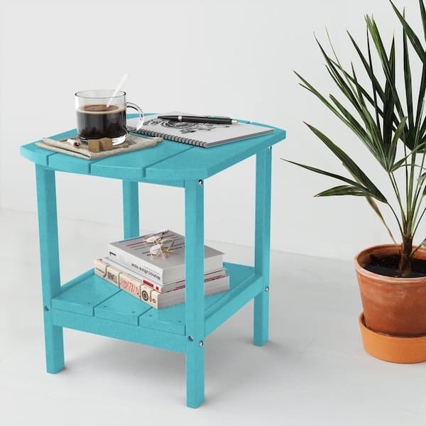 Unbranded Blue Plastic Outdoor Side Table for Adirondack Chairs, All-Weather Resistant Accent Table, Patio Rocker Glider End Table