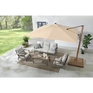 10 ft. Aluminum and Steel Cantilever LED Outdoor Patio Umbrella in Sunbrella Antique Beige with Metal Covered Base