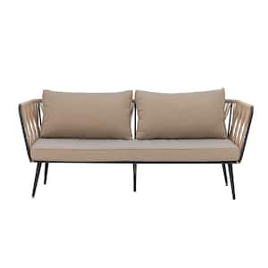 Black 1-Piece Metal And Woven Rope Indoor and Outdoor Sofa Couch with Tan Textured Cushions