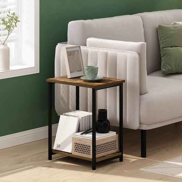 Furinno Simplistic 15.2 in. Amber Pine Rectangle Wood End Table with Industrial Metal Frame