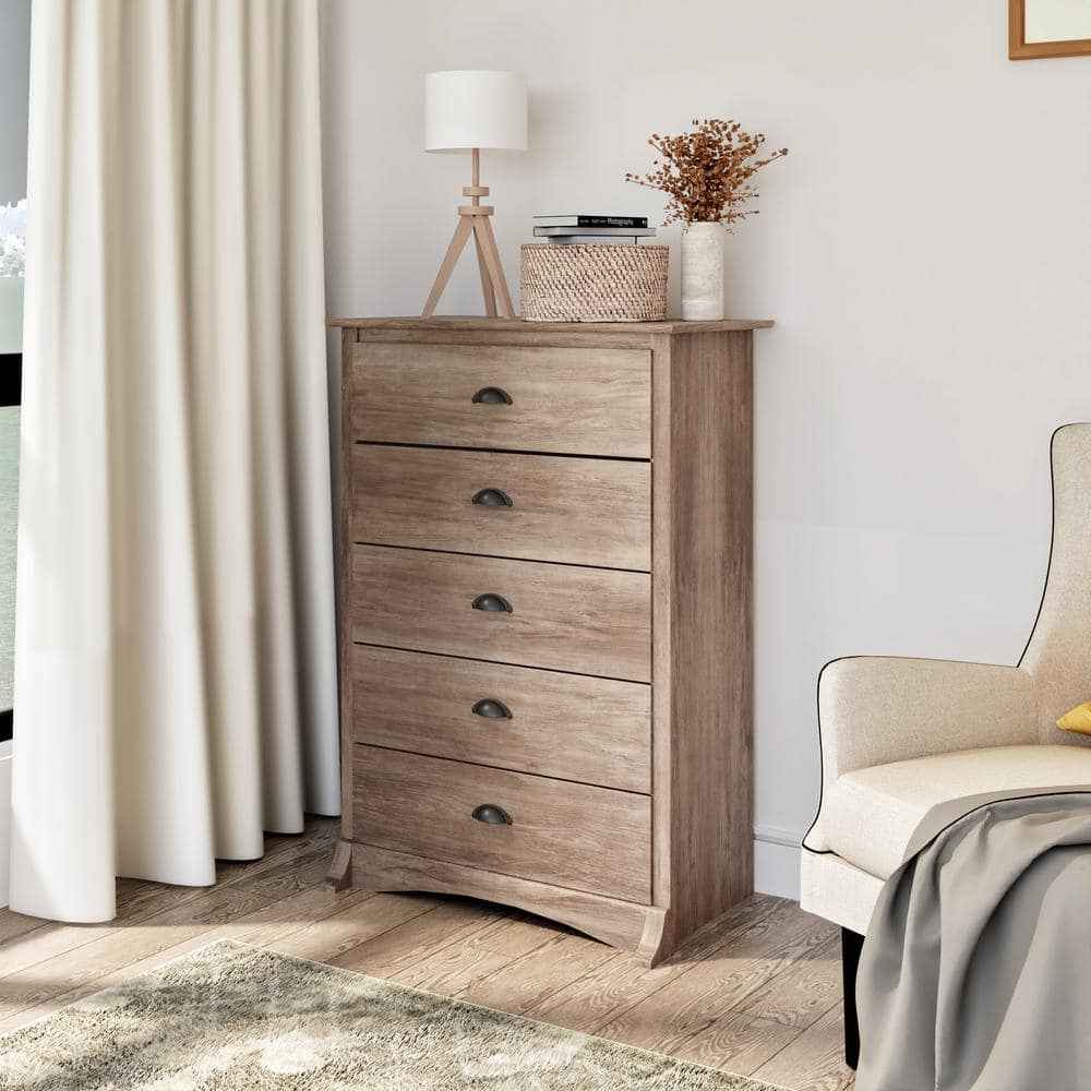 Coastal Drifted Gray 5-Drawer Compact Dresser with Vintage Touch