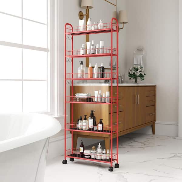 6-Tier Rolling Kitchen Slim Cart, Storage Tower Rack w/ Wheels, 6 Baskets for Kitchen, Bathroom, Laundry in Red
