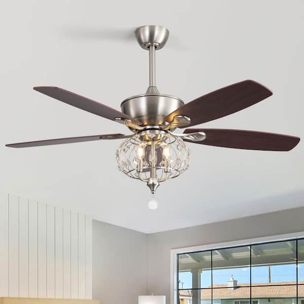 52 in. Indoor Nickel Downrod Fandelier Crystal Chandelier Ceiling Fan with Light and Remote Control