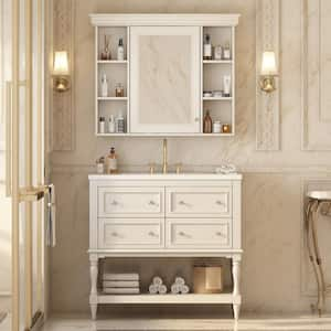 36 in. W x 18 in. D x 34 in. H Single Sink Freestanding Bath Vanity in Beige with Cultured Marble Top and Mirror Cabinet