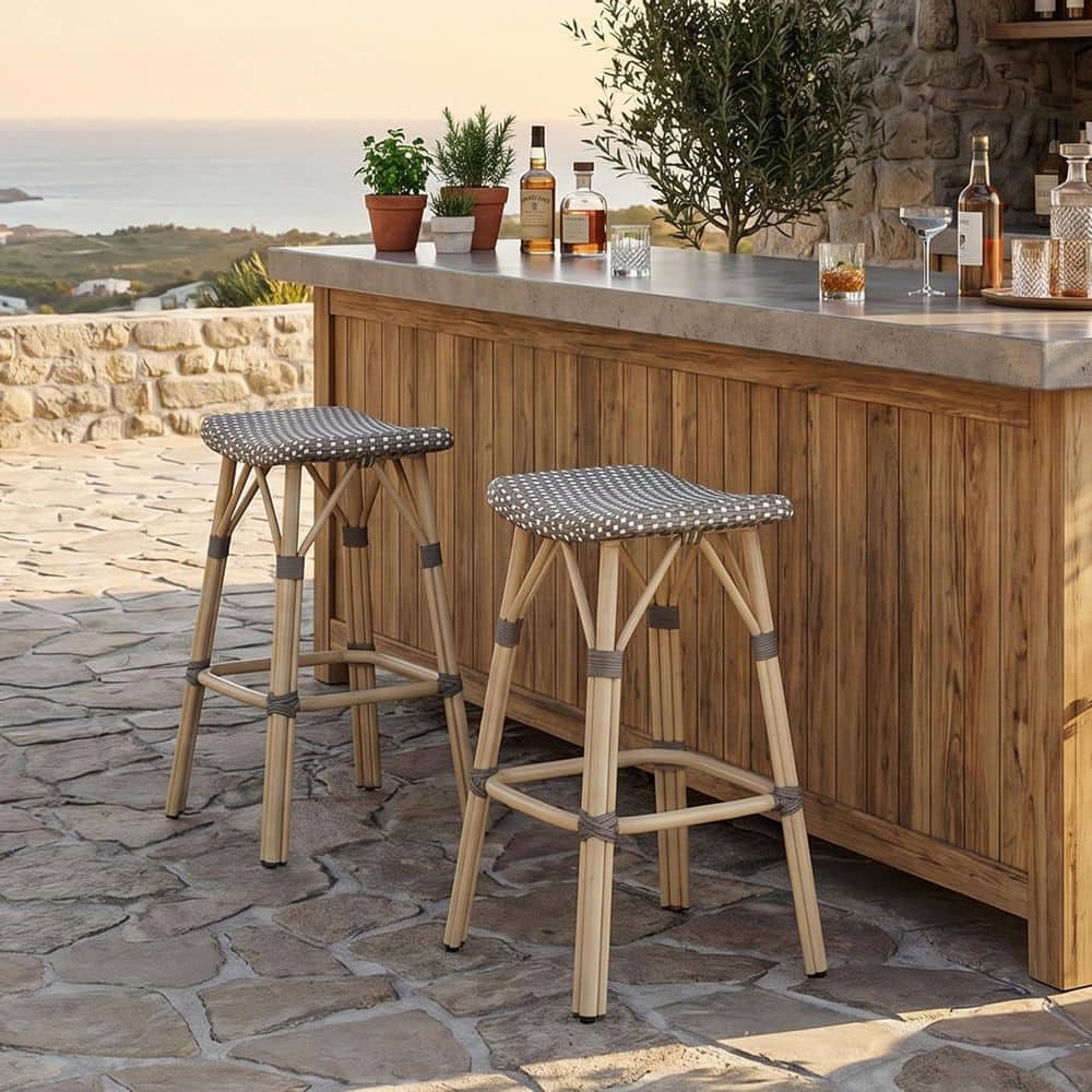 Bar Height Outdoor Bar Stool Aluminum Patio Modern Wicker Bar Stools with Saddle Seat, Light Gray(2-Pack) price history on PriceWatchPro