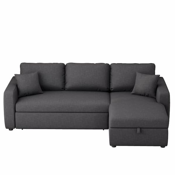 ATHMILE 87.4 in .W Square Arm L Shaped Polyester Upholstery Sleeper Sectional Sofa in Gray with Storage Space